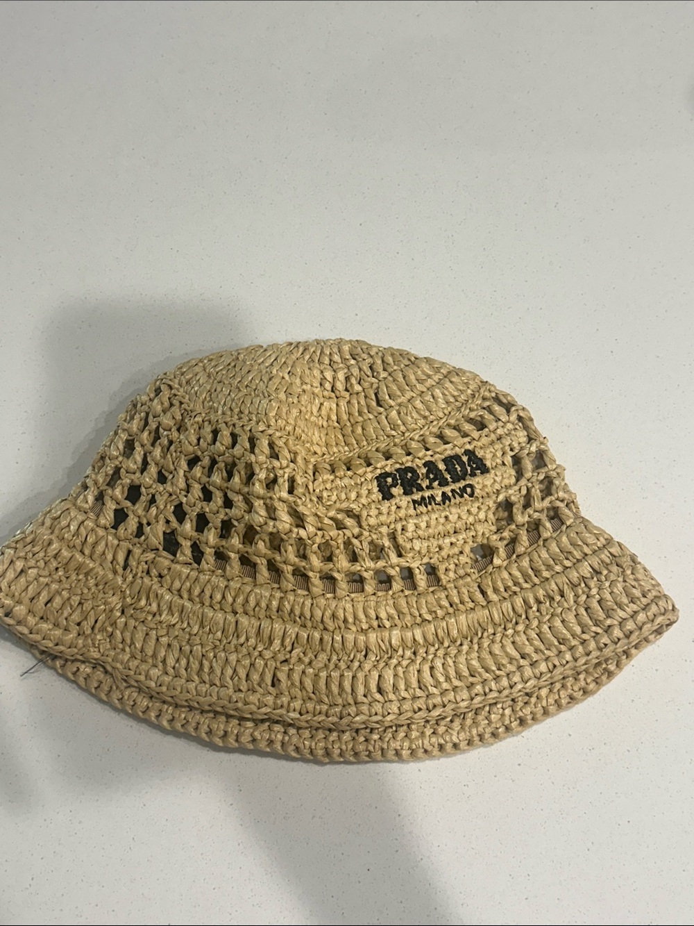 Prada Natural Straw Bucket Hat with Black Satin Logo Tag - Picture 6 of 6